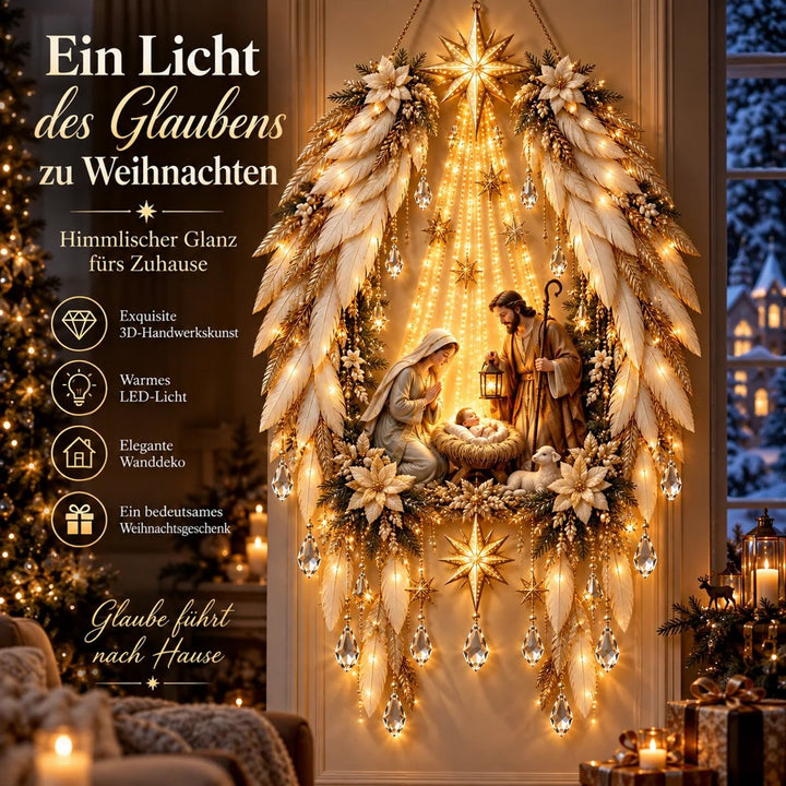 Zweite Variante mit cremefarbenen Federflügeln, Kristalltropfen und beleuchteter Krippe im Wohnzimmer vor dem Weihnachtsbaum 2