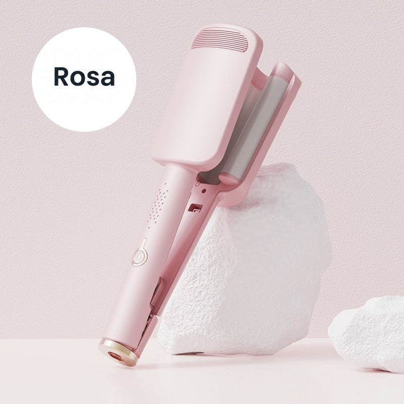 Rosafarbenes Welleneisen lehnt an einem weißen Steinblock vor rosa Hintergrund 9