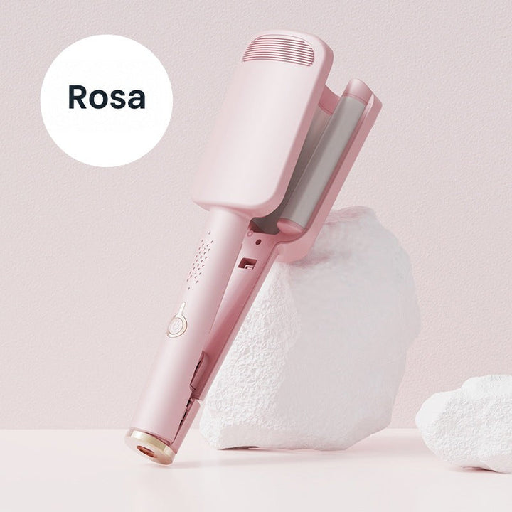 Rosafarbenes Welleneisen lehnt an einem weißen Steinblock vor rosa Hintergrund 9