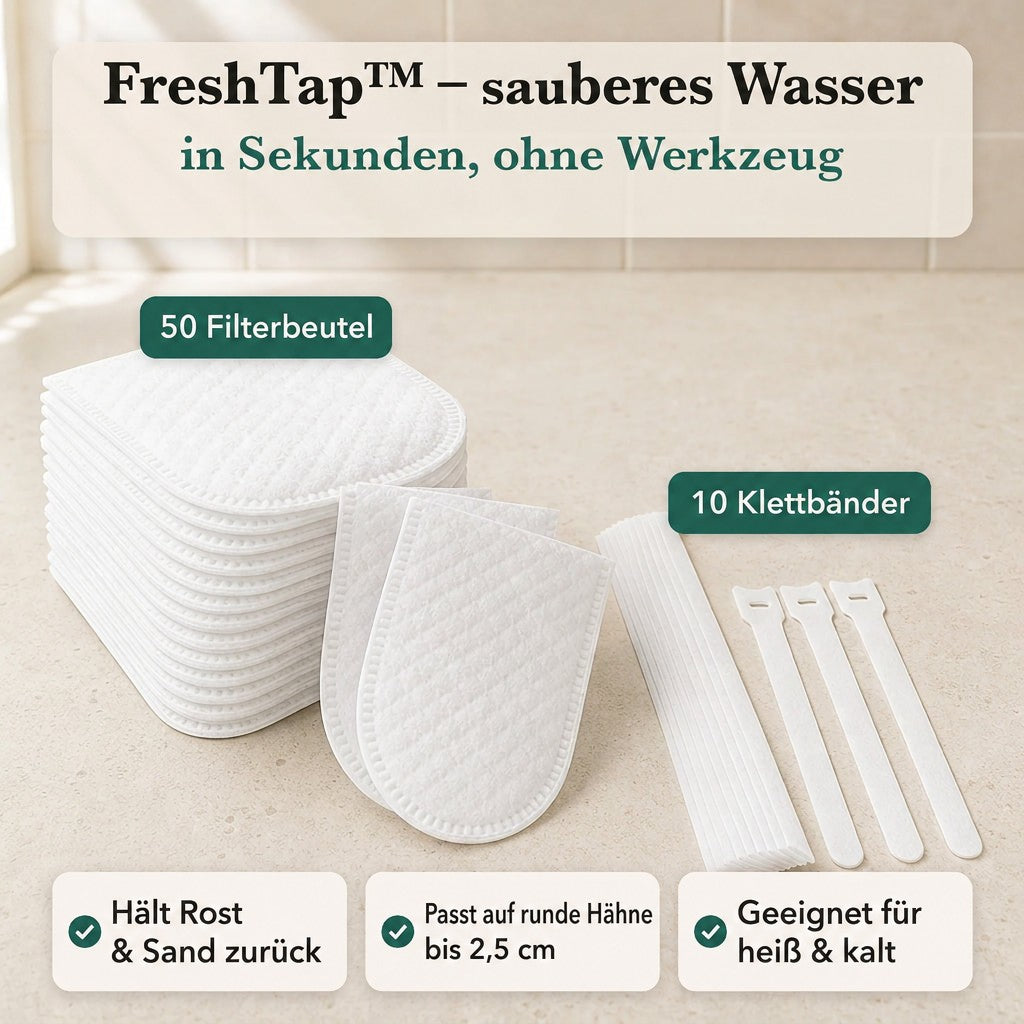 Stapel weißer Filterbeutel mit zwei einzelnen Beuteln und zehn weißen Klettbändern auf heller Arbeitsfläche, Lieferumfang im Überblick. 1