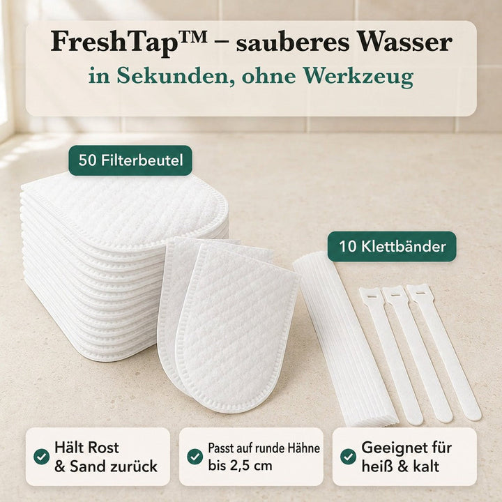 Stapel weißer Filterbeutel mit zwei einzelnen Beuteln und zehn weißen Klettbändern auf heller Arbeitsfläche, Lieferumfang im Überblick. 1