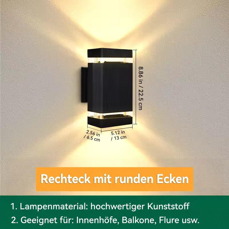 Maßgrafik der eckigen Wandleuchte ohne Zierringe, Höhe, Breite und Tiefe eingezeichnet 16