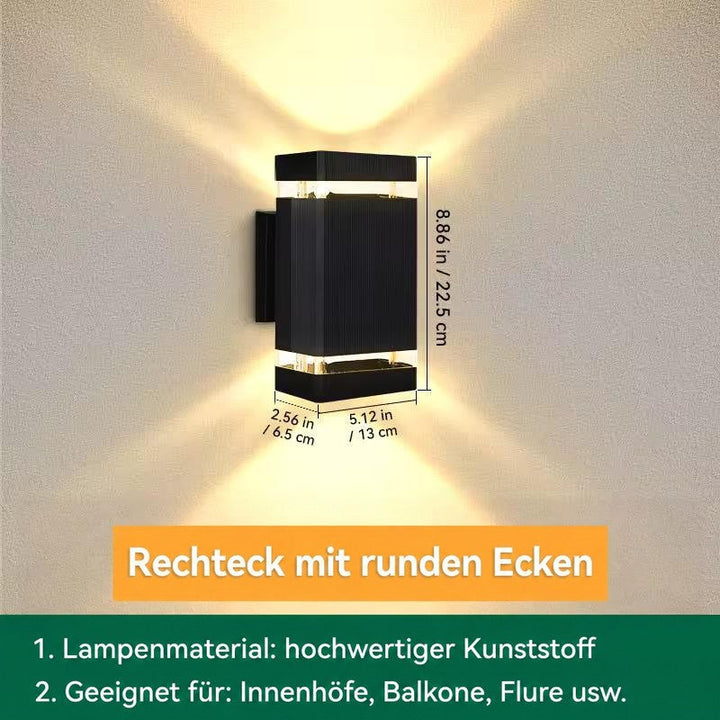 Maßgrafik der eckigen Wandleuchte ohne Zierringe, Höhe, Breite und Tiefe eingezeichnet 16