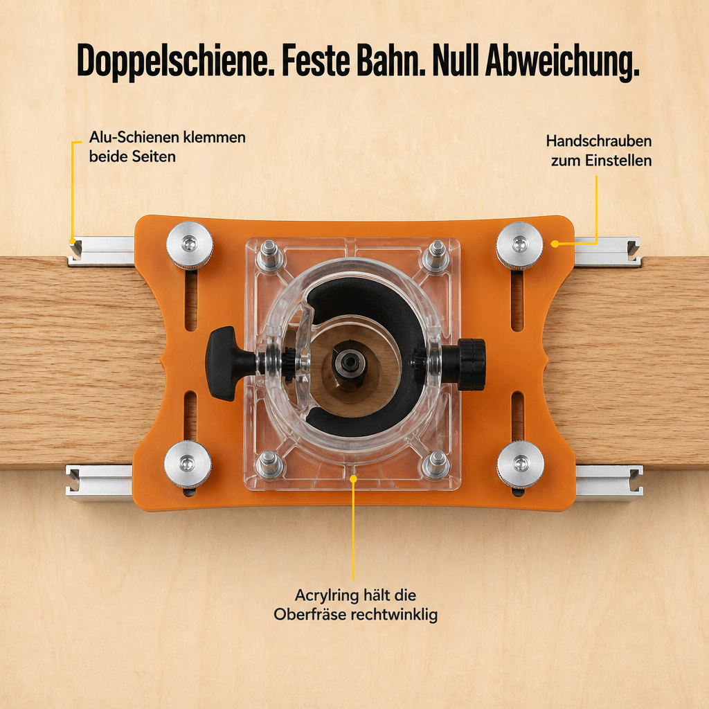 Draufsicht auf die Schablone mit Kantenfräse auf einem Brett: Aluminium-Schienen an beiden Seiten, Rändelschrauben und eine transparente Acrylführung für die Fr 3