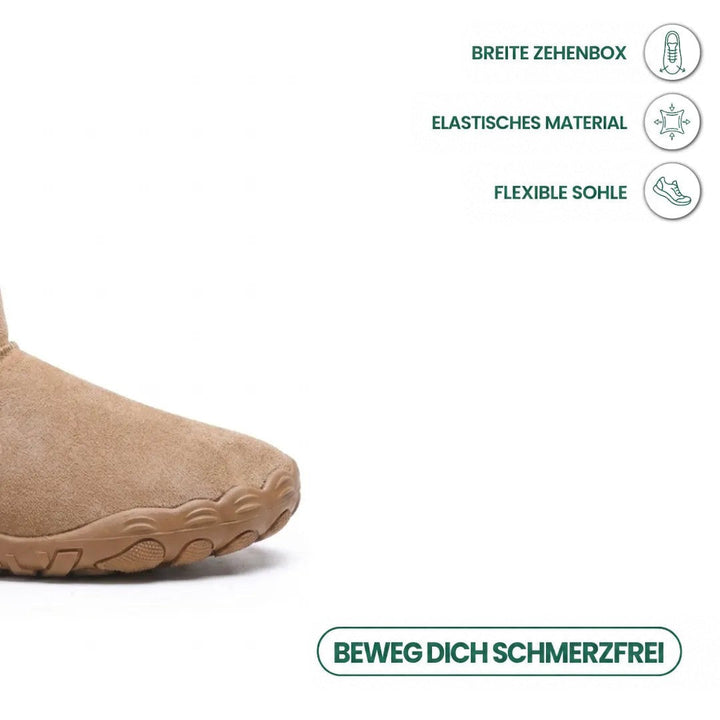 Nahaufnahme der breiten Stiefelspitze in Beigebraun mit flexibler Sohle und Symbolen für Zehenfreiheit und elastisches 23
