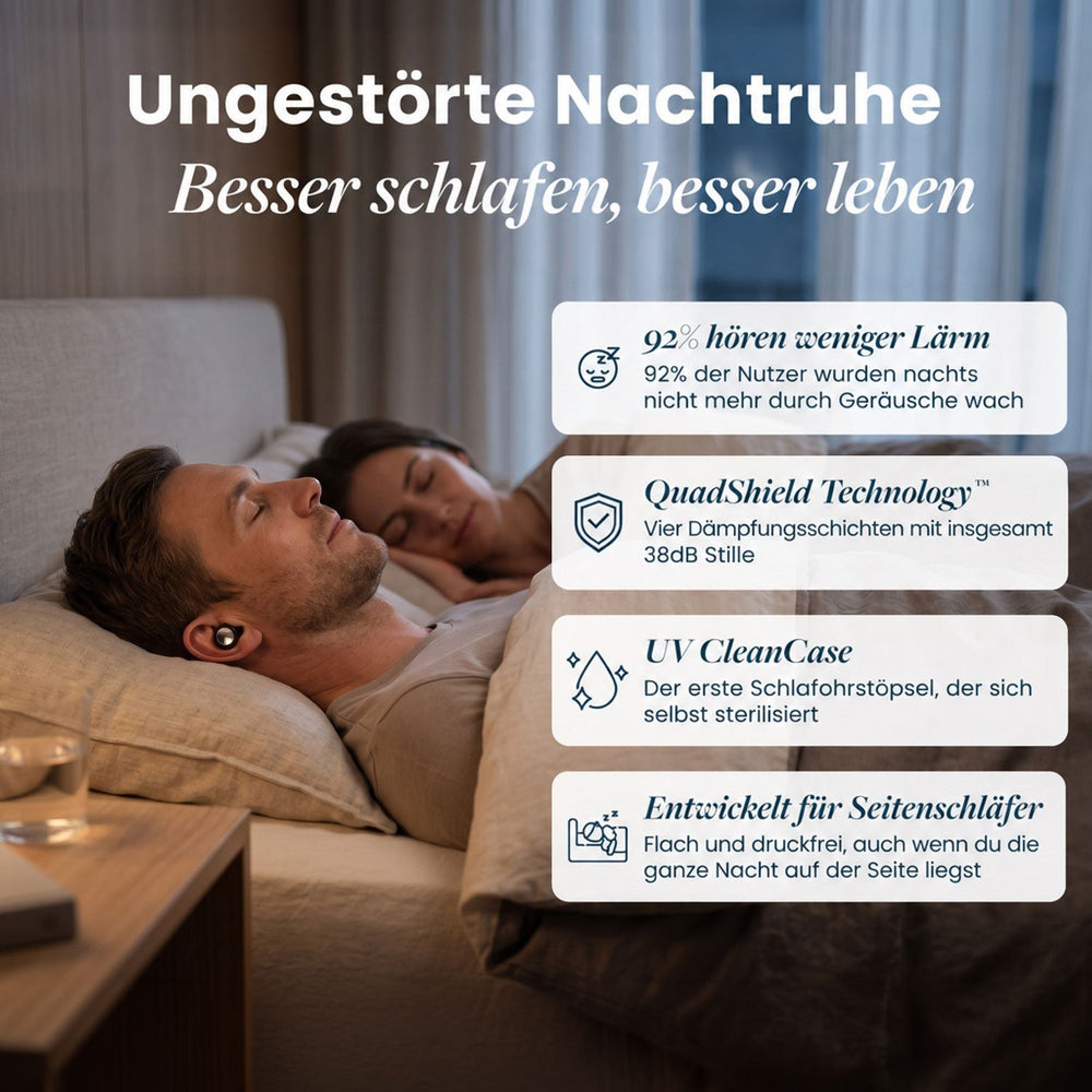 Paar schläft im Bett, der Mann trägt einen Ohrstöpsel; daneben vier Kästen mit Produktvorteilen auf niederländisch. 2