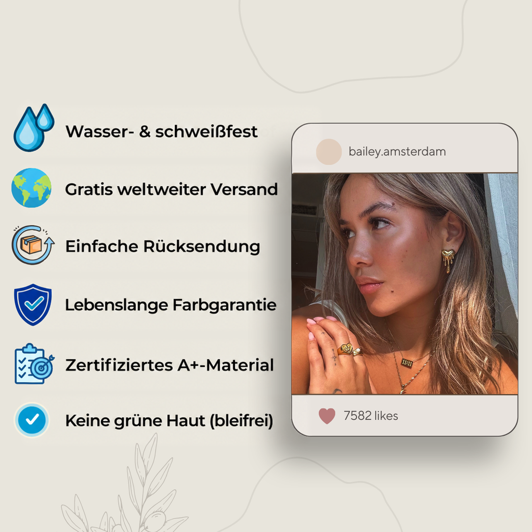 Grafik mit Symbolen zu Produktvorteilen neben dem Selfie einer Frau, die den goldfarbenen Herz-Ohrring trägt. 5