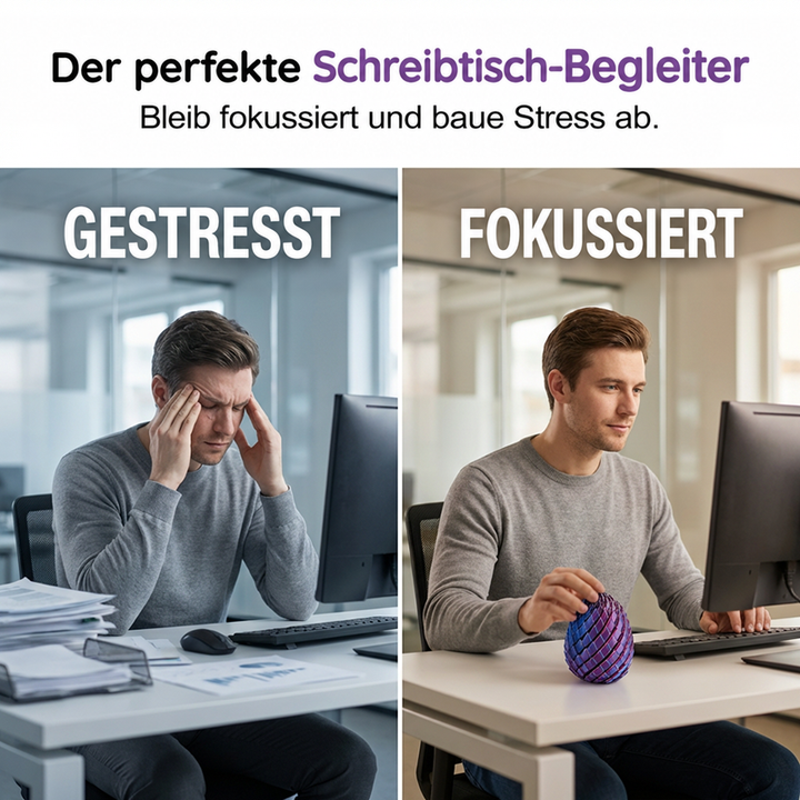 Zweigeteiltes Bild: links ein gestresster Mann am Schreibtisch, rechts ein konzentrierter Mann, der das Drachenei in der Hand hält. 2