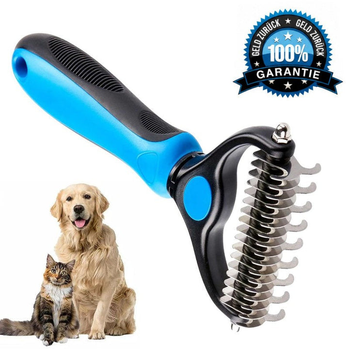 Blau-schwarzer Rechen schräg von der Seite mit gezackten Klingen, links sitzen ein Golden Retriever und eine getigerte Katze, oben ein Garantiesiegel. 4