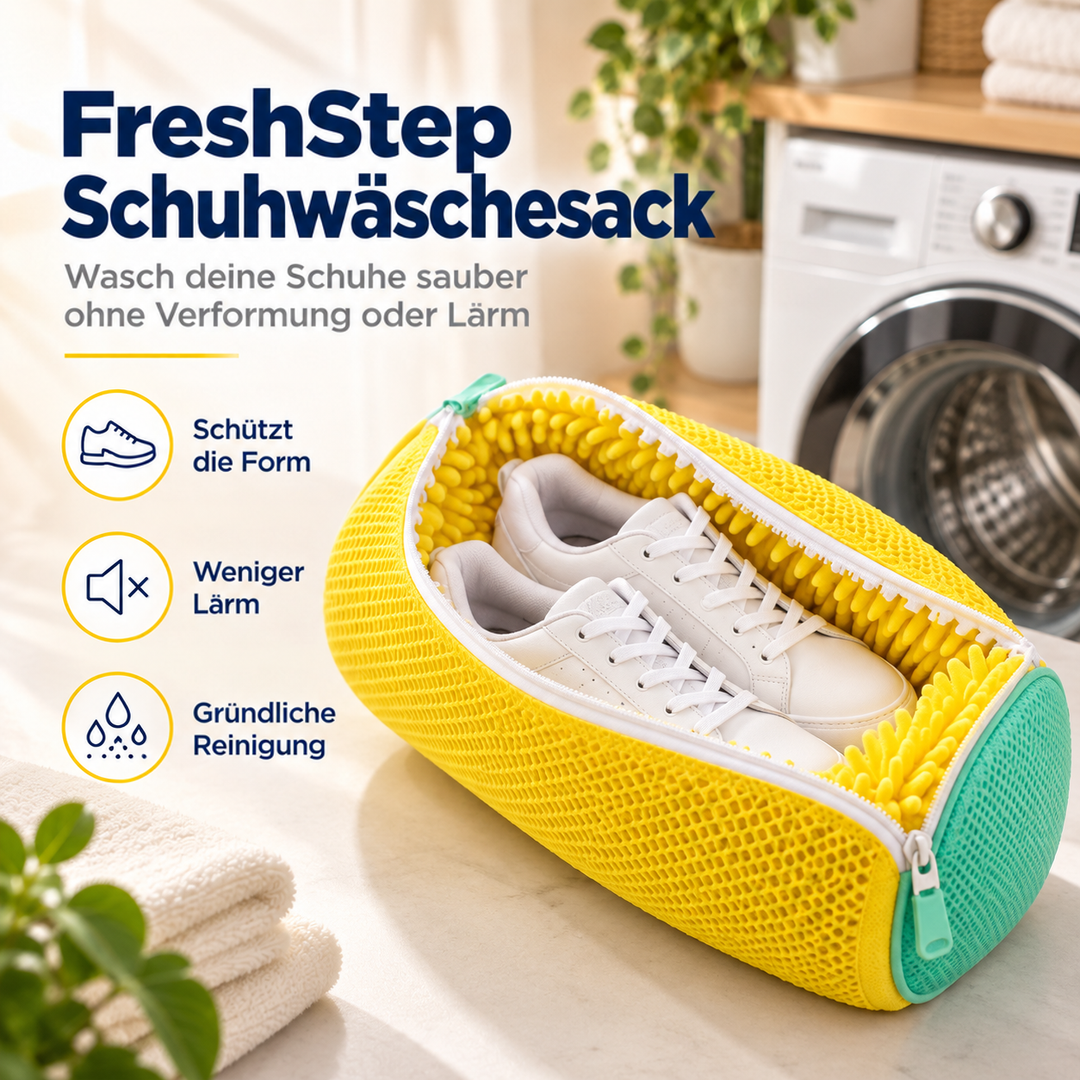 Gelbe Netztasche mit zwei weißen Sneakern im Waschraum, daneben eine Waschmaschine und Handtücher 1