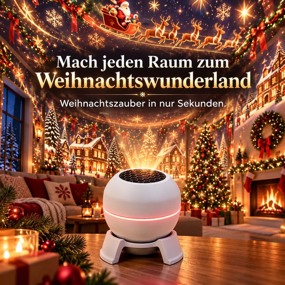 Weiße Projektorkugel auf einem Holztisch, die ein weihnachtliches Dorf mit Weihnachtsmann-Schlitten an Wand und Decke 2