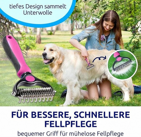 Frau in Jeansjacke kämmt im Garten einen Golden Retriever, links der pinke Rechen, rechts ein Ausschnitt mit Unterwolle zwischen den Zinken. 8
