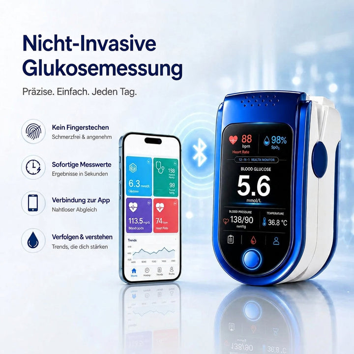 Das Messgerät neben einem Smartphone mit Gesundheits-App, dazwischen ein Bluetooth-Symbol, links vier Funktionssymbole. 9