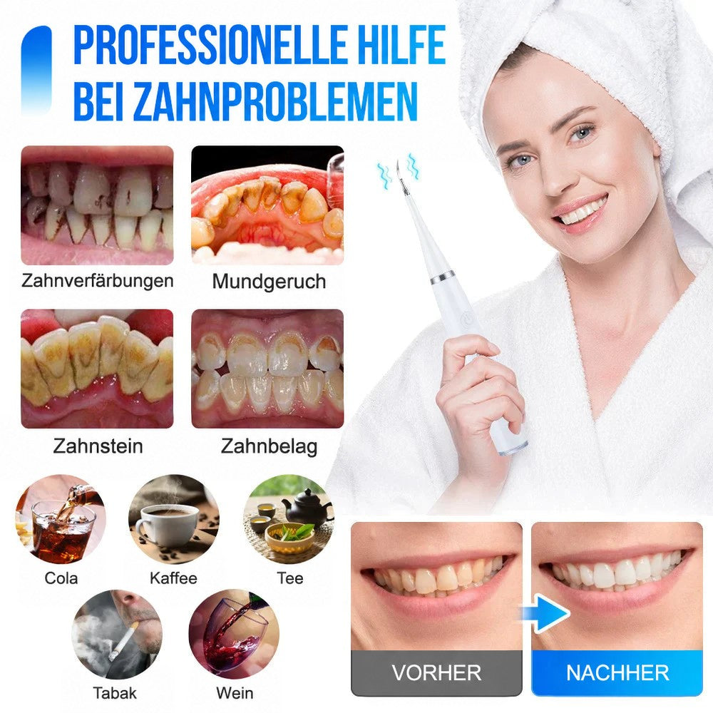 Collage mit Nahaufnahmen verfärbter Zähne und Vorher-nachher-Vergleich, dazu eine Frau im Bademantel mit dem weißen Gerät in der Hand. 2