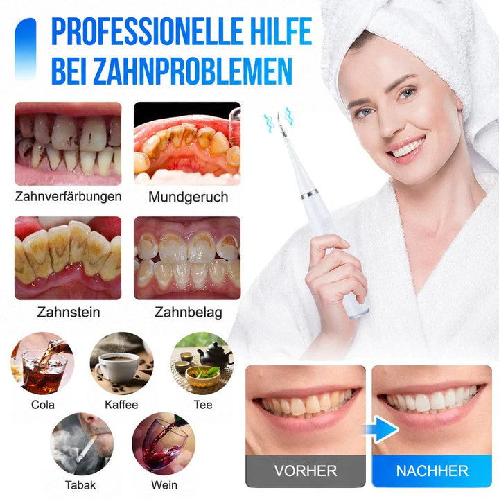 Collage mit Nahaufnahmen verfärbter Zähne und Vorher-nachher-Vergleich, dazu eine Frau im Bademantel mit dem weißen Gerät in der Hand. 2