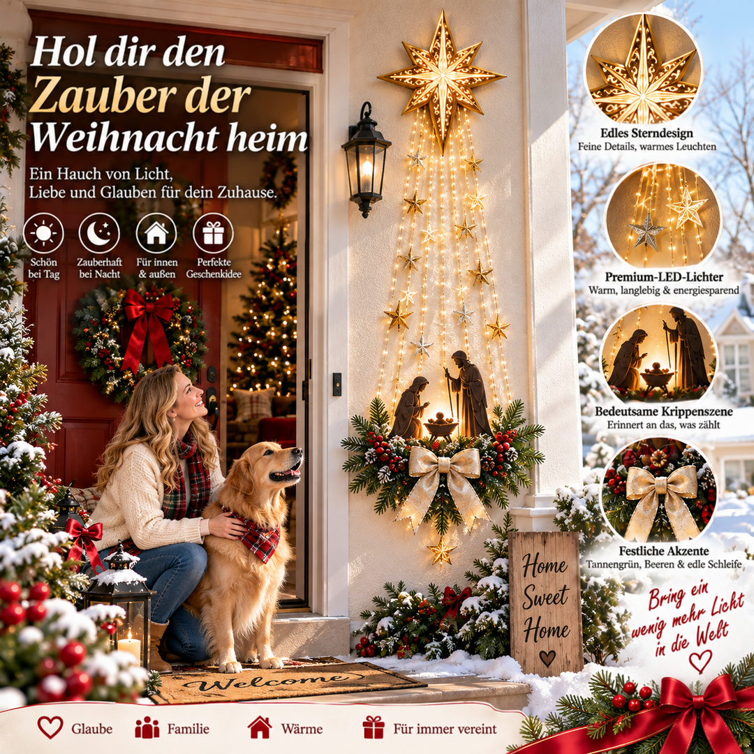 Dekoration an der Veranda, davor eine Frau mit Golden Retriever, rechts vier kreisrunde Detailbilder 8
