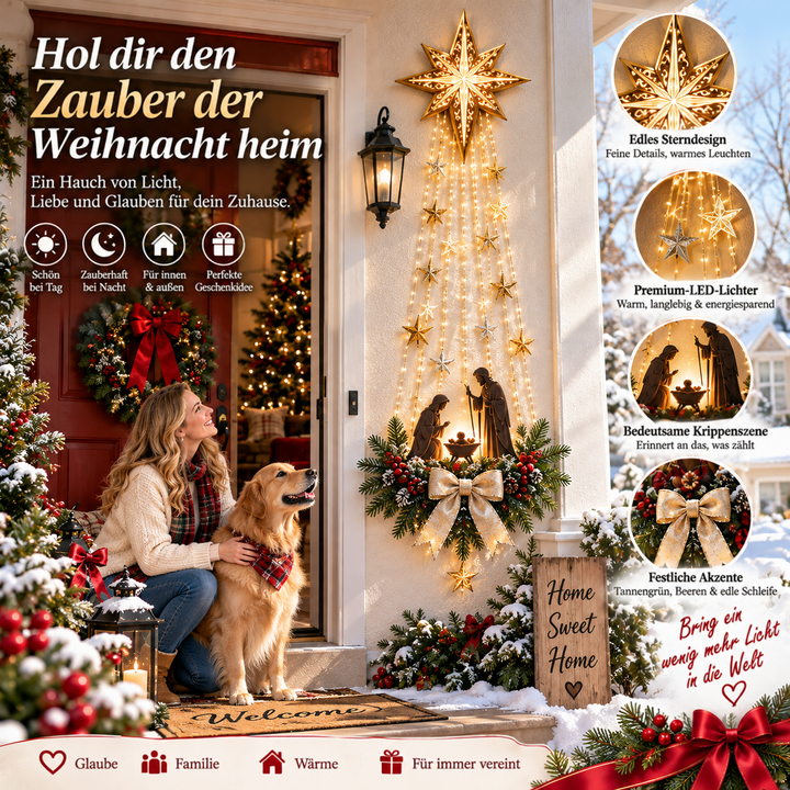 Dekoration an der Veranda, davor eine Frau mit Golden Retriever, rechts vier kreisrunde Detailbilder 8