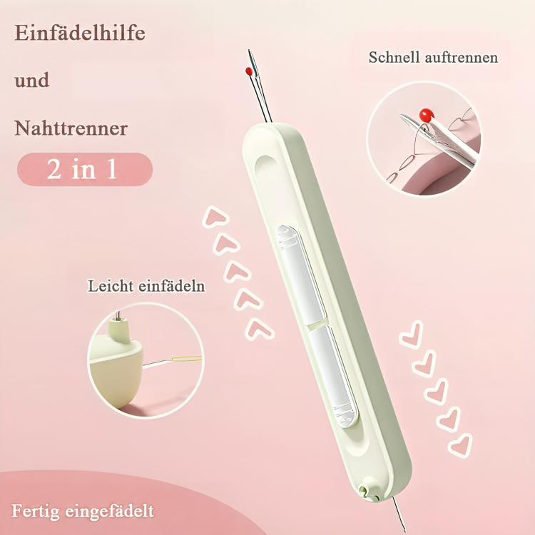 Hellgrünes Gerät mit Nadelspitze und rotem Kopf, daneben zwei Detailkreise zu Einfädeln und Auftrennen 1