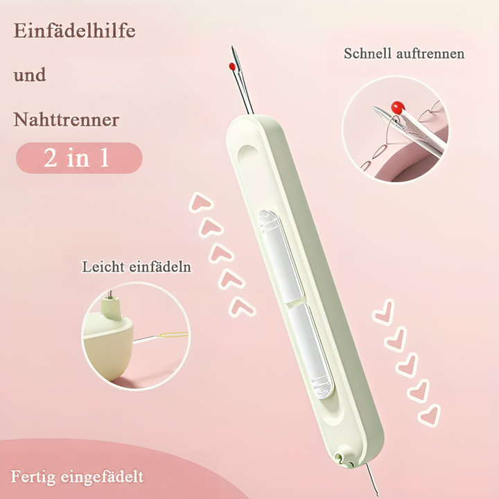 Hellgrünes Gerät mit Nadelspitze und rotem Kopf, daneben zwei Detailkreise zu Einfädeln und Auftrennen 1