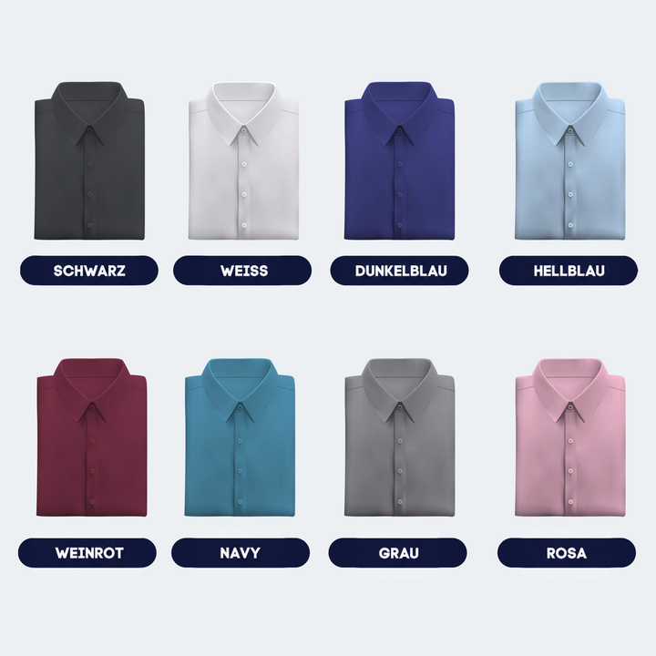Übersicht der acht Farben des Hemdes, jeweils gefaltet in zwei Reihen mit Farbbezeichnung darunter 13