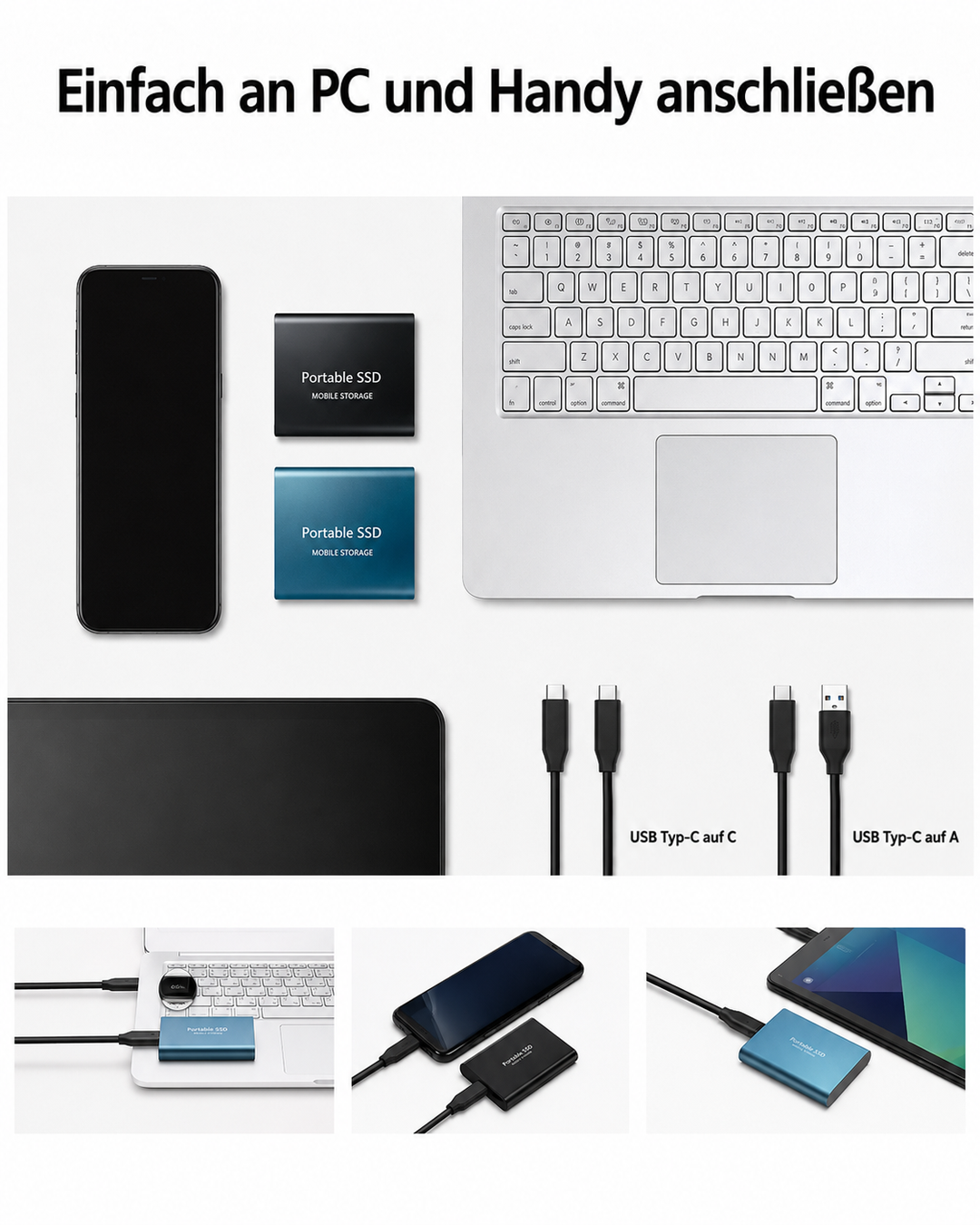 Draufsicht mit Smartphone, Laptop, Tablet und zwei SSDs in Schwarz und Blau, dazu zwei Kabelvarianten und drei Anschlussbeispiele darunter. 4