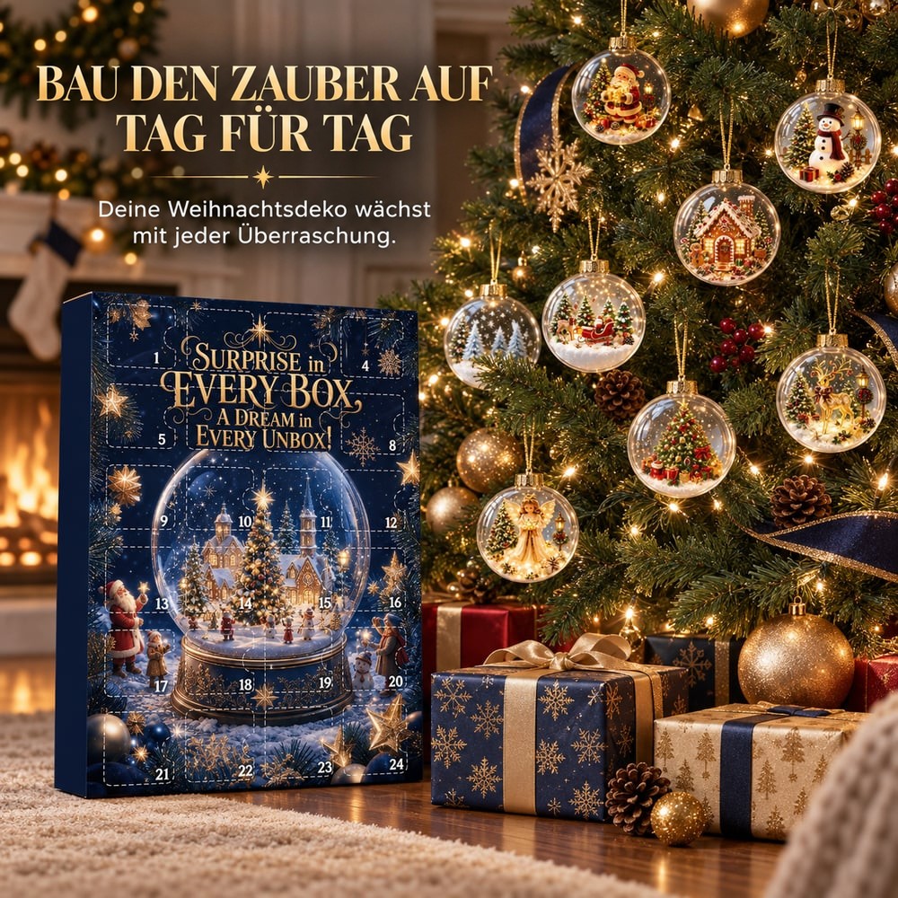 Kalenderschachtel steht neben einem geschmückten Weihnachtsbaum, an dem sieben der durchsichtigen Ornamente hängen 5
