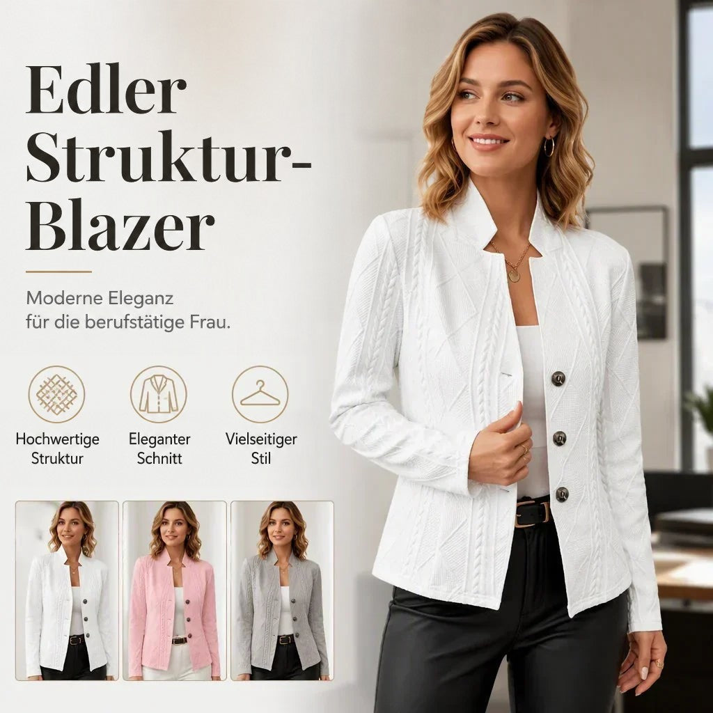 Weißer Blazer an einer Frau im Büro, daneben drei kleine Ansichten in Weiß, Rosa und Grau als Farbauswahl; Werbegrafik mit Text. 17