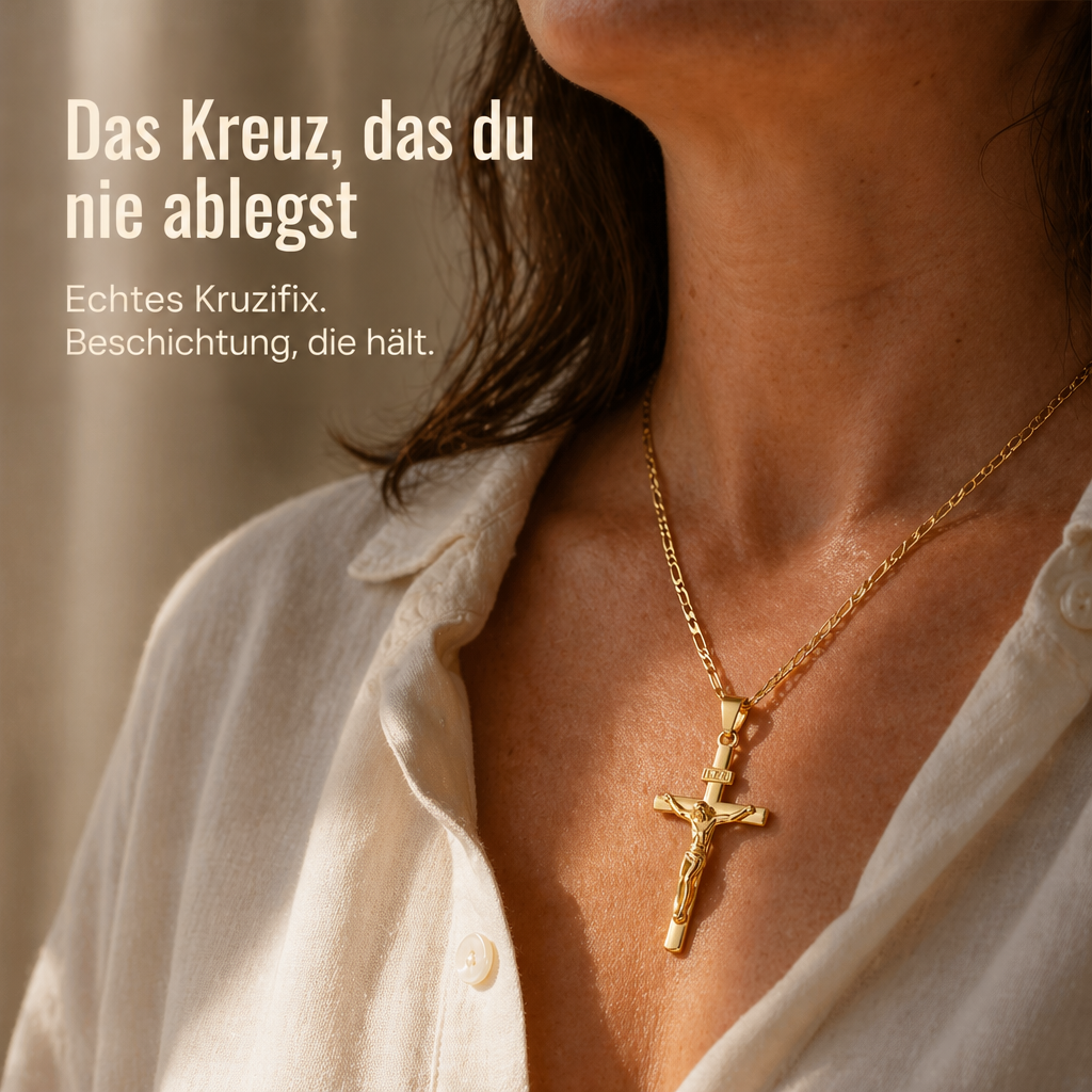 Nahaufnahme einer Frau im cremefarbenen Leinenhemd, die das goldene Kruzifix an der Figaro-Kette am Hals trägt 1