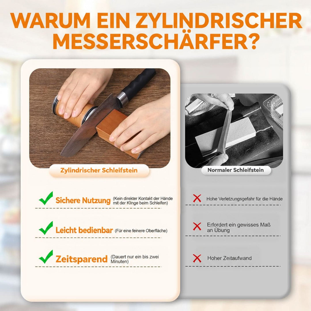 Vergleichsgrafik: Das Schleifen mit dem Zylinderroller wird als sicherer, einfacher und schneller dargestellt als mit einem gewöhnlichen Schleifstein. 8