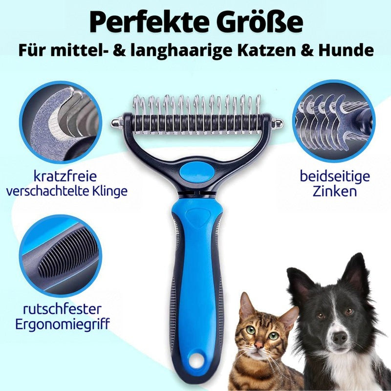 Blau-schwarzer Fellpflege-Rechen mit Edelstahlzinken und rutschfestem Griff, umgeben von Detailkreisen zu Klinge, Zinken und Griff, daneben Katze und Hund. 1