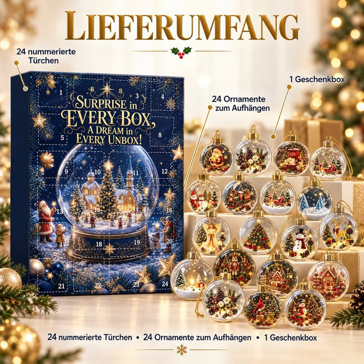 Lieferumfang: Kalenderschachtel mit 24 nummerierten Türchen, daneben die Ornamentkugeln mit verschiedenen Weihnachtsmotiven 8