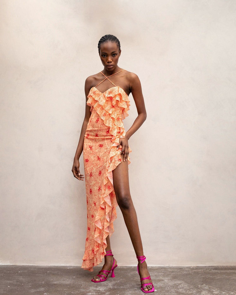 Chiffon maxi dress with ruffles and crossed neckline – Elenna