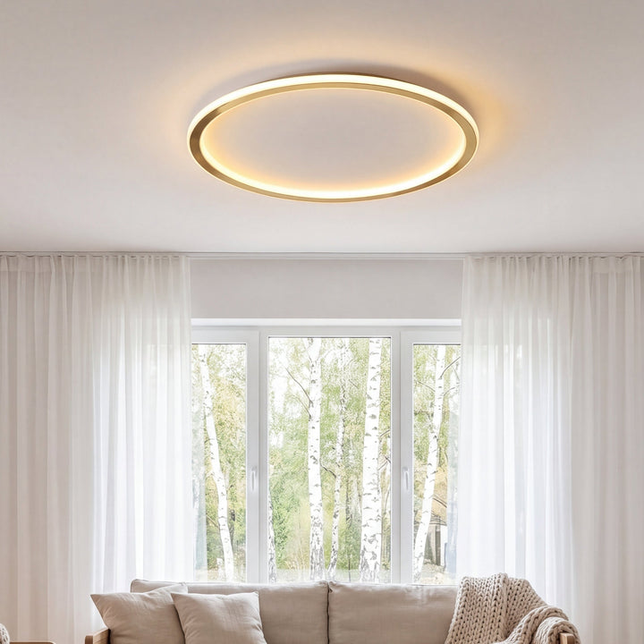 Eingeschaltete Ringleuchte im Wohnzimmer über einem Sofa vor großem Fenster mit Birkenblick 3