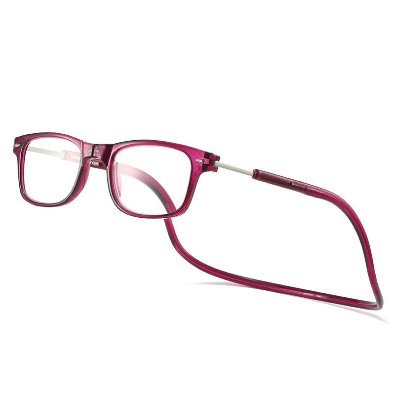 Lesebrille mit eckigem Rahmen und Nackenband in Beerenrot bis Violett, schräg von vorn fotografiert. 3