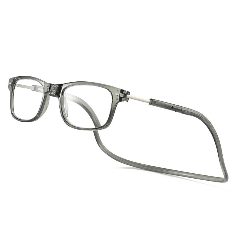 Lesebrille mit eckigem Rahmen und Nackenband in transparentem Grau, schräg von vorn auf weißem Hintergrund. 6