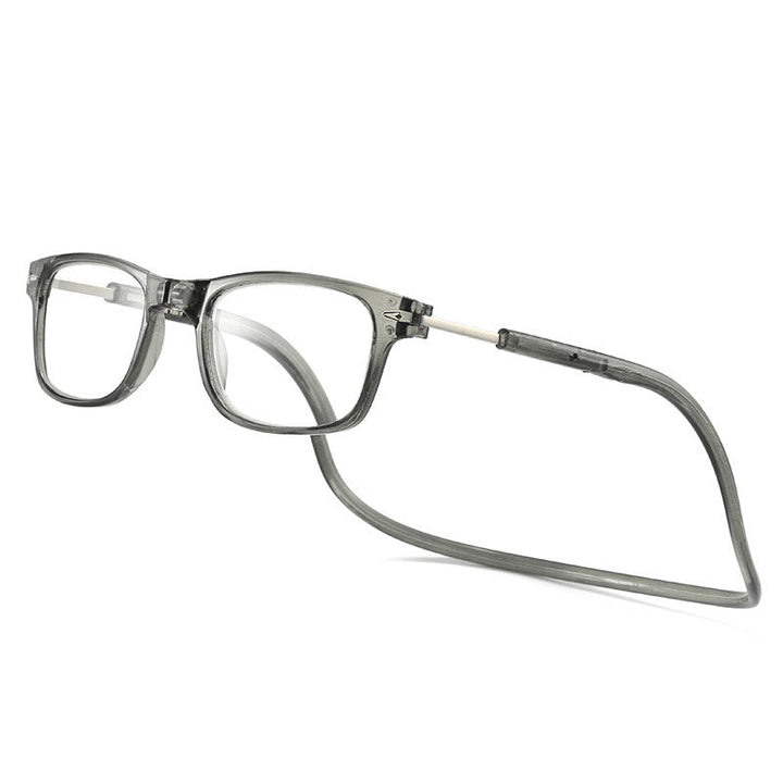 Lesebrille mit eckigem Rahmen und Nackenband in transparentem Grau, schräg von vorn auf weißem Hintergrund. 6