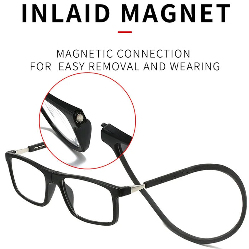Schwarze Lesebrille mit geöffnetem Nackenband, Ausschnitt zeigt den eingelassenen Magneten am Bügelende für leichtes An- und Ablegen. 9