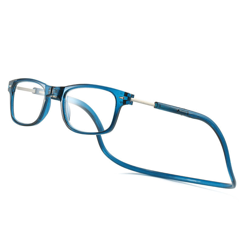 Lesebrille mit eckigem Rahmen und Nackenband in Blau, schräg von vorn auf weißem Hintergrund. 14