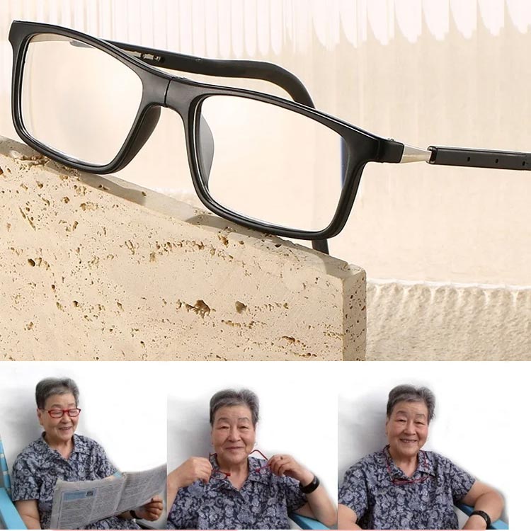 Schwarze Lesebrille auf einem Steinblock, darunter eine ältere Frau, die Zeitung liest und die Brille am Hals trägt. 11