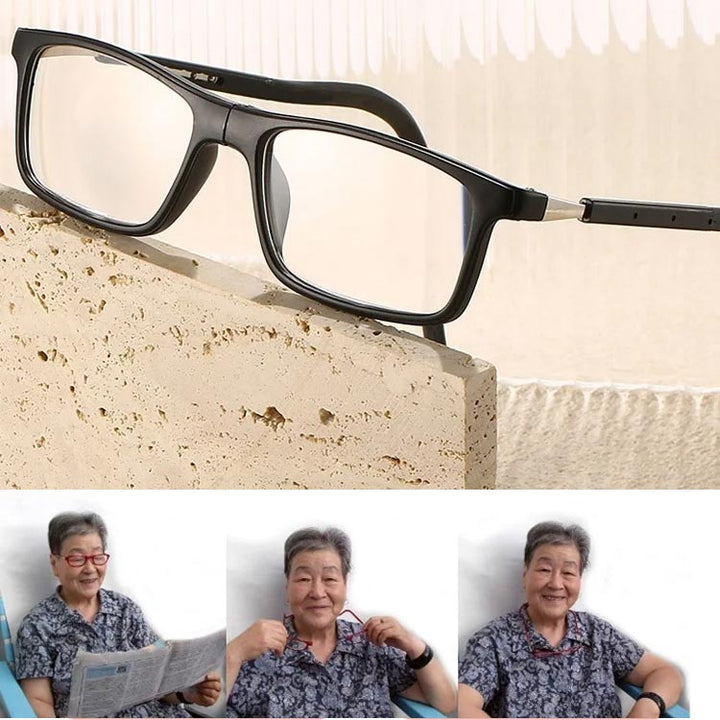 Schwarze Lesebrille auf einem Steinblock, darunter eine ältere Frau, die Zeitung liest und die Brille am Hals trägt. 11