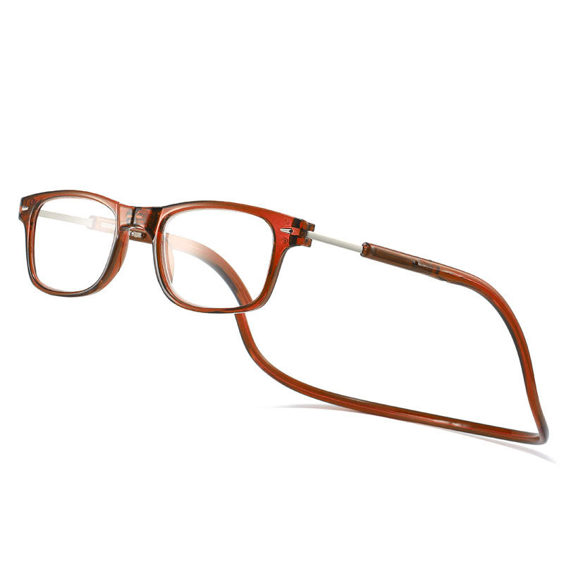 Lesebrille mit eckigem Rahmen und Nackenband in Rotbraun, schräg von vorn auf weißem Hintergrund. 5
