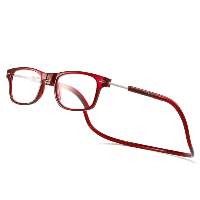 Lesebrille mit eckigem Rahmen und Nackenband in Dunkelrot, schräg von vorn auf weißem Hintergrund. 4