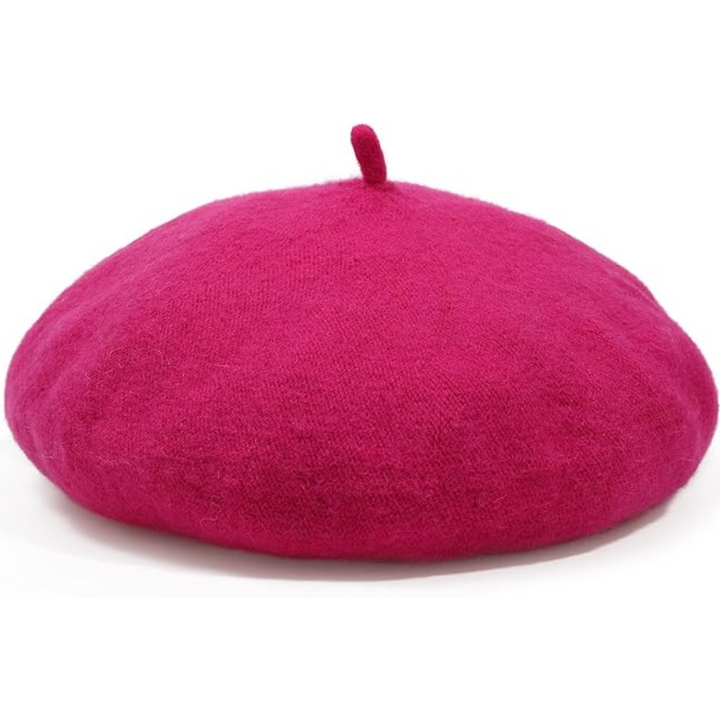 Pinkes Wollbarett in kräftigem Fuchsia mit Stiel, vor weißem Hintergrund 6