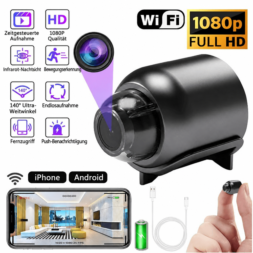 Mini 1080P HD WiFi-Sicherheitskamera – zeichnet Video und Audio auf.