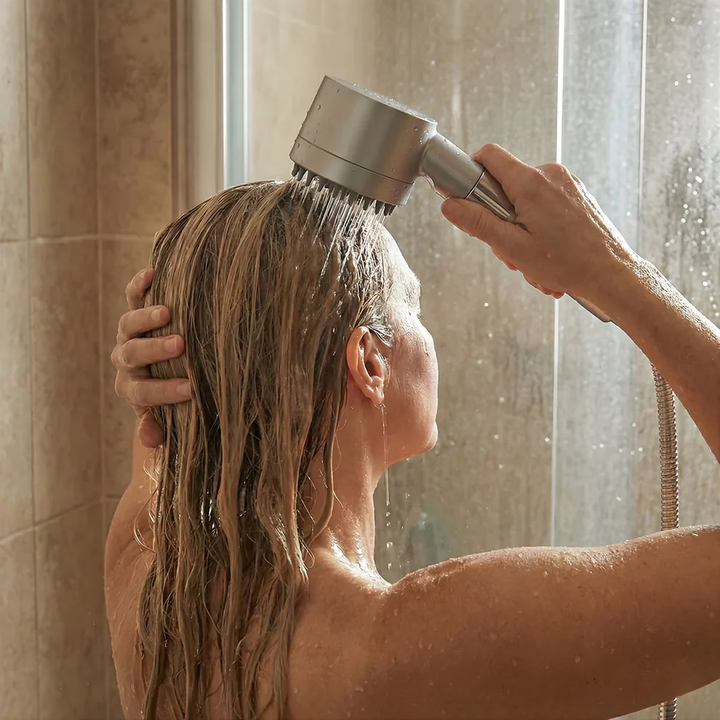 Frau wäscht sich unter der Dusche die langen nassen Haare, während sie den Duschkopf über den Kopf hält. 2