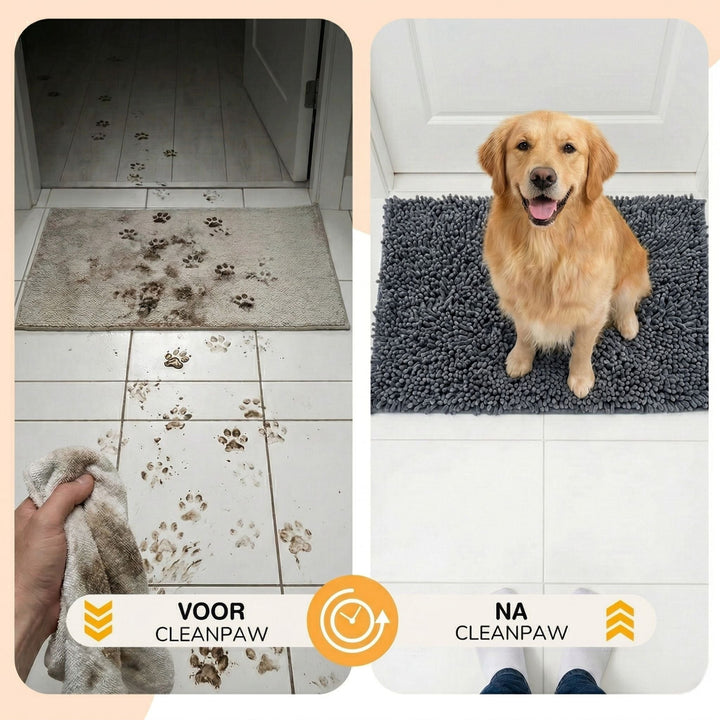 Vorher-Nachher-Vergleich: links schmutzige Pfotenabdrücke auf Fliesen und Teppich, rechts sauberer Boden mit Hund auf grauer Matte. 6