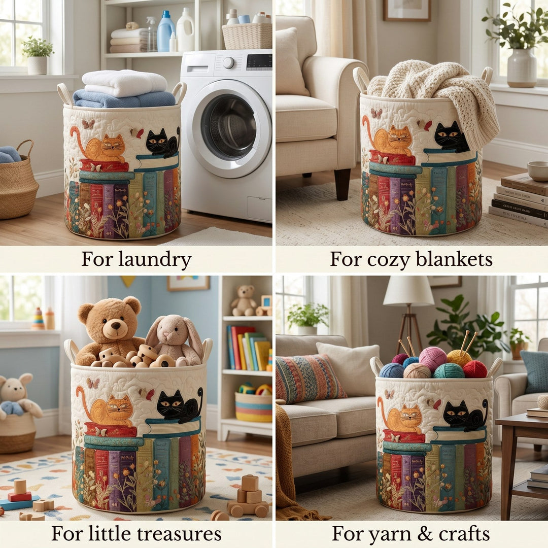 Vier Einrichtungsszenen zeigen den Korb gefüllt mit Handtüchern neben der Waschmaschine, mit Decke, mit Kuscheltieren und Holzspielzeug sowie mit Wollknäueln. 2