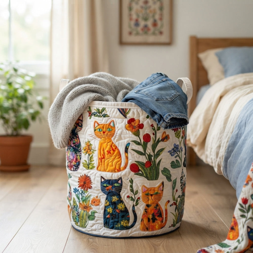 Der Korb steht auf Holzboden neben einem Bett, gefüllt mit einem grauen Strickpullover und einer Jeans. 4