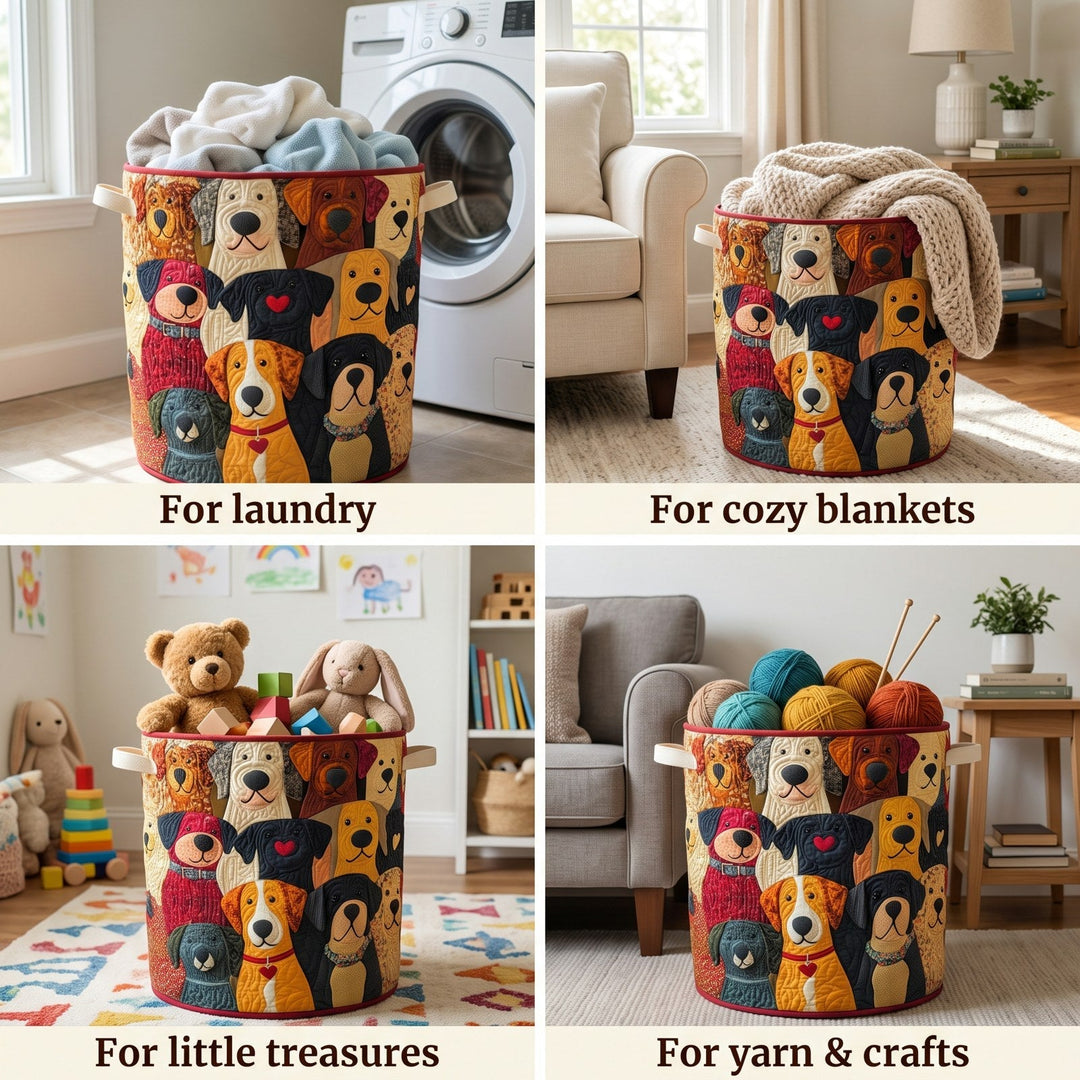 Vier Einsatzbeispiele des Hunde-Korbs in einer Collage: mit Wäsche, Kuscheldecke, Spielzeug und bunten Wollknäueln gefüllt. 2