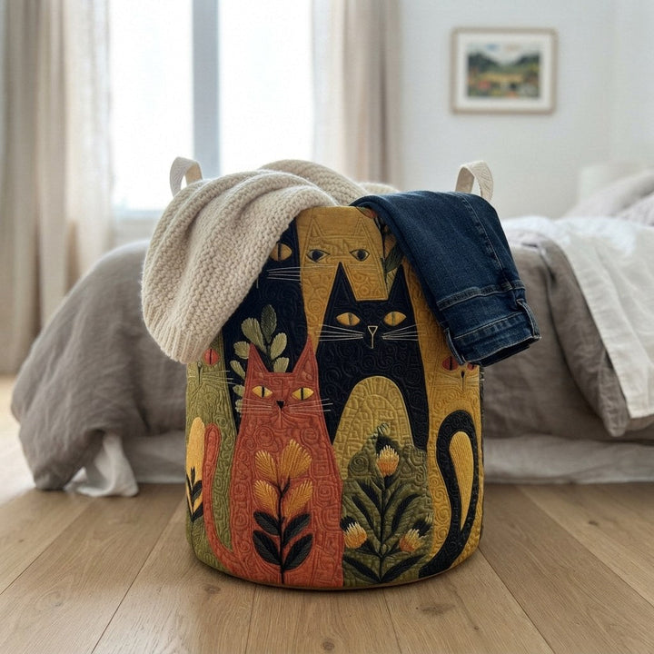 Der Korb steht vor einem Bett auf Holzboden, gefüllt mit einer Strickdecke und einer darübergelegten Jeans. 4